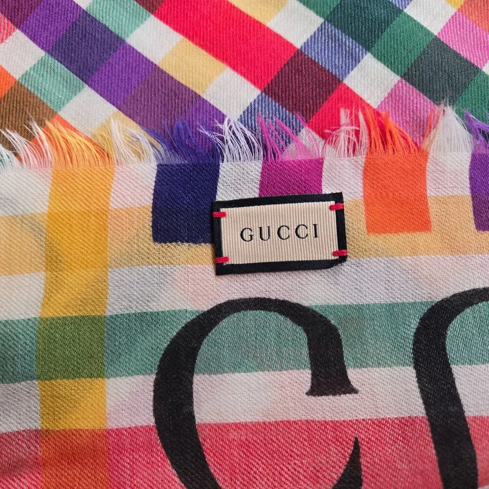 Gucci Multicolor Stripe Check Wool Shawl/Scarf - Picture 9 of 16